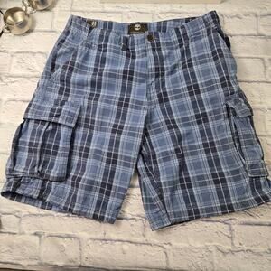 Y2K Timberland Men's Cargo Shorts 100% Cotton Twill Blue Plaid 2539J size 35